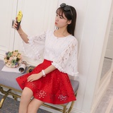 2016春夏韩版甜美蕾丝衫上衣+A字蓬蓬裙两件套装连衣裙