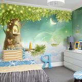 儿童房精灵环保壁纸 梦幻绿树背景墙纸 幼儿园公主房卡通大型壁画