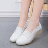 护士鞋白色夏季坡跟美容师真皮牛筋底舒适女单鞋 休闲工作防滑鞋