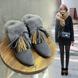 2015冬季韩版真皮女靴獭兔毛雪地靴平跟内增高短靴女棉鞋流苏靴子