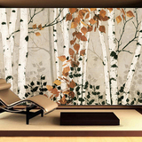 简约现代时尚北欧壁纸白桦树林油画大型壁画客厅沙发电视背景墙纸