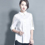 2016夏季新品纯色肩部镂空衬衫棉前短后长中长款七分袖白色衬衣女