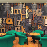 3D立体木纹英文字母大型壁画咖啡厅酒吧餐厅壁纸复古怀旧墙纸
