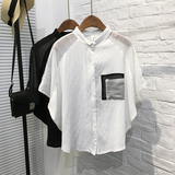 韩国2day 夏季新款韩版显瘦洋气蝙蝠袖雪纺拼色口袋衬衫 2件包邮