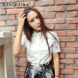 styletiba品牌女装夏季新品时尚蕾丝袖翻领短袖棉衬衫修身白衬衣