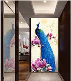 中式高端蓝色孔雀油画玄关背景墙纸走廊过道竖版无缝壁画壁纸墙布