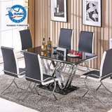 华彪家具钢化玻璃长方形桌现代简约电镀不锈钢餐桌椅组合A292系列