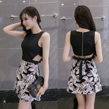 韩版时尚套装女夏性感露腰系带短款背心+复古印花a字半身裙两件套