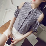 2016夏季新款韩版立领露肩单排纽扣显瘦格子衬衫女短袖衬衣上衣