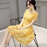 韩国新款甜美短袖黄色蕾丝连衣裙夏修身中长款蓬蓬裙镂空裙子女潮