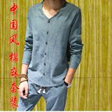 中国风唐装男士夏季棉麻薄款长袖套装亚麻中式休闲汉服青年t恤潮