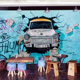 蓝色个性涂鸦创意汽车咖啡店奶茶店酒吧ktv餐厅大型壁纸墙纸壁画