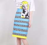 职业阿玛施特2016夏季新款女装大码波浪纹拼接黄边中长包臀半身裙