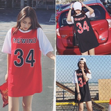 夏装新款韩版字母中长款插肩简约短袖T恤女宽松纯棉学生棒球上衣