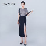 TALY TIAN 新款2016夏装女连衣裙 黑+白欧洲站高开叉街拍风背带裙