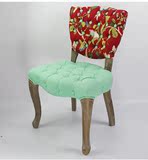实木美式乡村法式做旧复古花色撞色布艺拉扣餐椅休闲椅子特价包邮