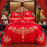 婚庆大红刺绣四件套全棉结婚礼纯棉贡缎提花床单被套床上用品2.0