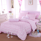 纯棉四件套蕾丝荷叶边粉色波点床上用品公主风儿童床品四件套1.5