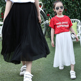 女童半身裙2016新款夏季韩版中大童中长款纯棉短袖雪纺百褶裙子潮