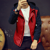 秋季男士夹克中长款连体帽长袖外套韩版修身拼接青少年外套休闲服