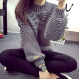 韩版新款女装粗线毛衣宽松线衣外套加厚针织衫套头短款泡泡袖