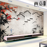 中式个性水墨画江南水乡大型壁画山水灰墙建筑墙纸电视背景墙壁纸
