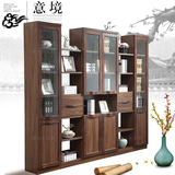 新中式书柜玻璃门装饰柜带抽屉书架实木书橱组合大柜子书房家具