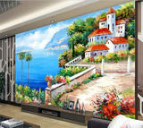 3D立体油画地中海海边风景电视背景墙纸卧室沙发大型壁画无缝壁纸