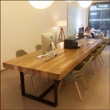 loft美式复古实木餐桌椅不锈钢长电脑桌铁艺餐桌书桌会议桌办公