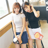 2016年夏季新款韩版可爱修身百搭纯色木耳边短袖t恤针织衫上衣女