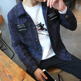 秋季韩版修身呢子格子夹克 男青年短款外套 潮流男装大码薄款
