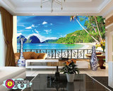 风景 蓝天白云 大海 沙滩 树木 客厅卧室背景墙 大型墙纸壁画