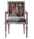 法式田园实木餐椅美式乡村做旧书椅电脑椅欧式复古麻布印花化妆椅