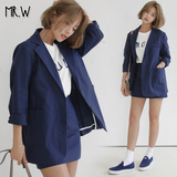 2016秋职业套装女韩版休闲长袖亚麻西装外套+高腰半身短裙两件套