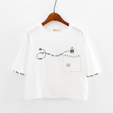 2016夏季韩版新款 小女孩箭头符号口袋袖子印花字母宽松女短袖t恤