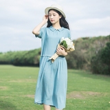 【天天特价】日系森女文艺学院风复古清新亚麻棉假两件海军连衣裙