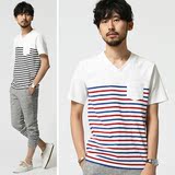 2016夏季 日系海魂衫 V领海军风时尚流行潮男修身纯棉条纹短袖T恤