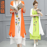 民族风女装2016中国风两件套套装短袖宽松长裙夏中长款棉麻连衣裙