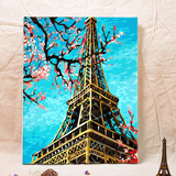 自油自画diy数字油画客厅欧式风景装饰画手绘填色画巴黎铁塔春天
