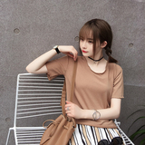 小范儿t恤女短袖2016新款 韩国简约针织宽松 纯色卷边基础打底T恤
