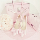 MULI韩版甜美裸粉色蝴蝶结尖头高跟鞋女鞋百搭时尚细跟浅口单鞋