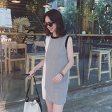 2016夏季韩版时尚休闲竖条纹圆领无袖撞色针织T恤连衣裙背心裙女