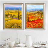 手绘油画欧式田园风景油画 竖幅玄关过道风景油画向日葵双拼画