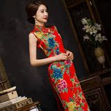 2016新款重磅真丝旗袍中国风复古改良长款桑蚕丝中式结婚红色礼服