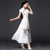 新款旗袍套装越南奥黛女人真丝棉麻时尚改良短袖中式长旗袍连衣裙