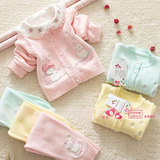 2016春装新品宝宝针织衫套装 女童婴儿两件套卡通粉色开衫毛衣T