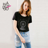Haoduoyi2016春夏新款 欧美潮款时尚个性图案印花 短袖圆领女T恤