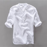 中国风立领盘扣亚麻衬衫男五分袖中式短袖薄款唐装复古棉麻布衬衣