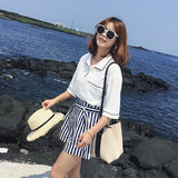 韩范学院风减龄包边宽松白色中袖衬衫衬衣女夏季短袖学生上衣韩版
