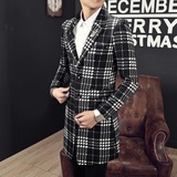 春季男士中长款格子风衣韩版修身西服领上衣时尚青年薄款男装外套
